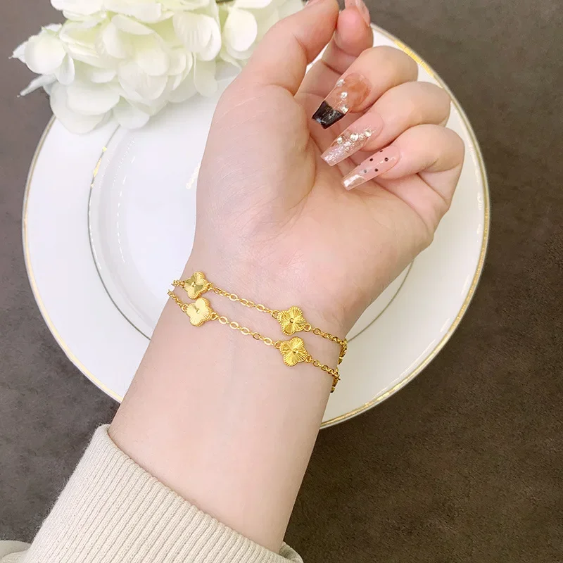 

Luxury 24K 9999 Pure Gold real gold New Chinese Style Women's Bracelet Ethnic Style Double Layer Lucky Grass Bracelet