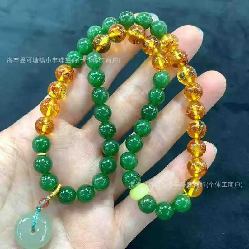 Natural Hetian , Green Jade, Amber Double-Loop Bracelet Paired With South Red Agate And 925 Silver Accessories, Stylish