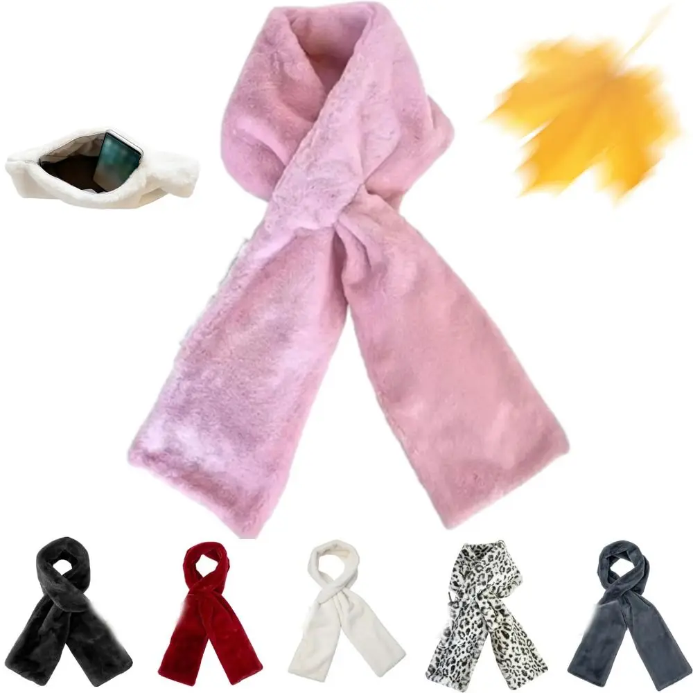 وشاح ناعم مع جيب بسحاب مخفي، مقاوم للرياح لتخزين الهاتف، وشاح طويل دافئ، سميك للحماية من البرد، وشاح من الفرو الصناعي