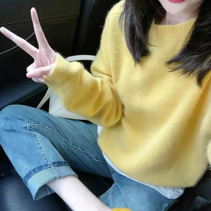 

Casual Loose Round Neck Knitted Sweater Pulleys for Women's Tops New O-neck SOlid Korean Edition Versatile Long Sleeve Pullovers