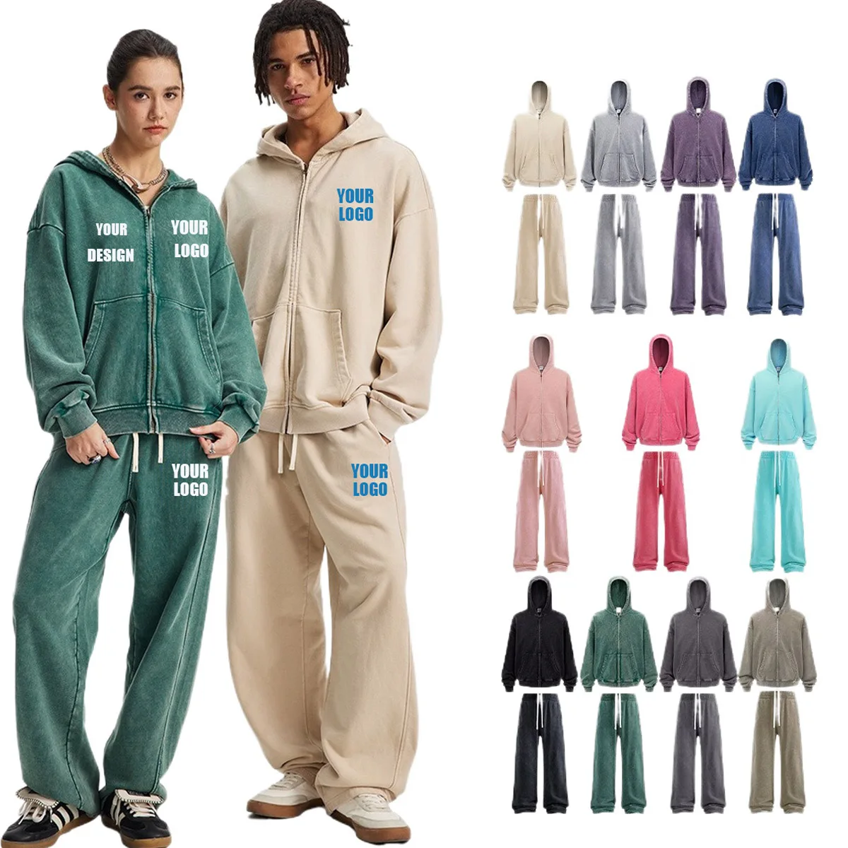 Pers LOGO custom women's 430G YKK zipper 100% cotton retro washing water hooded men's and women's sweater pants two-piece set