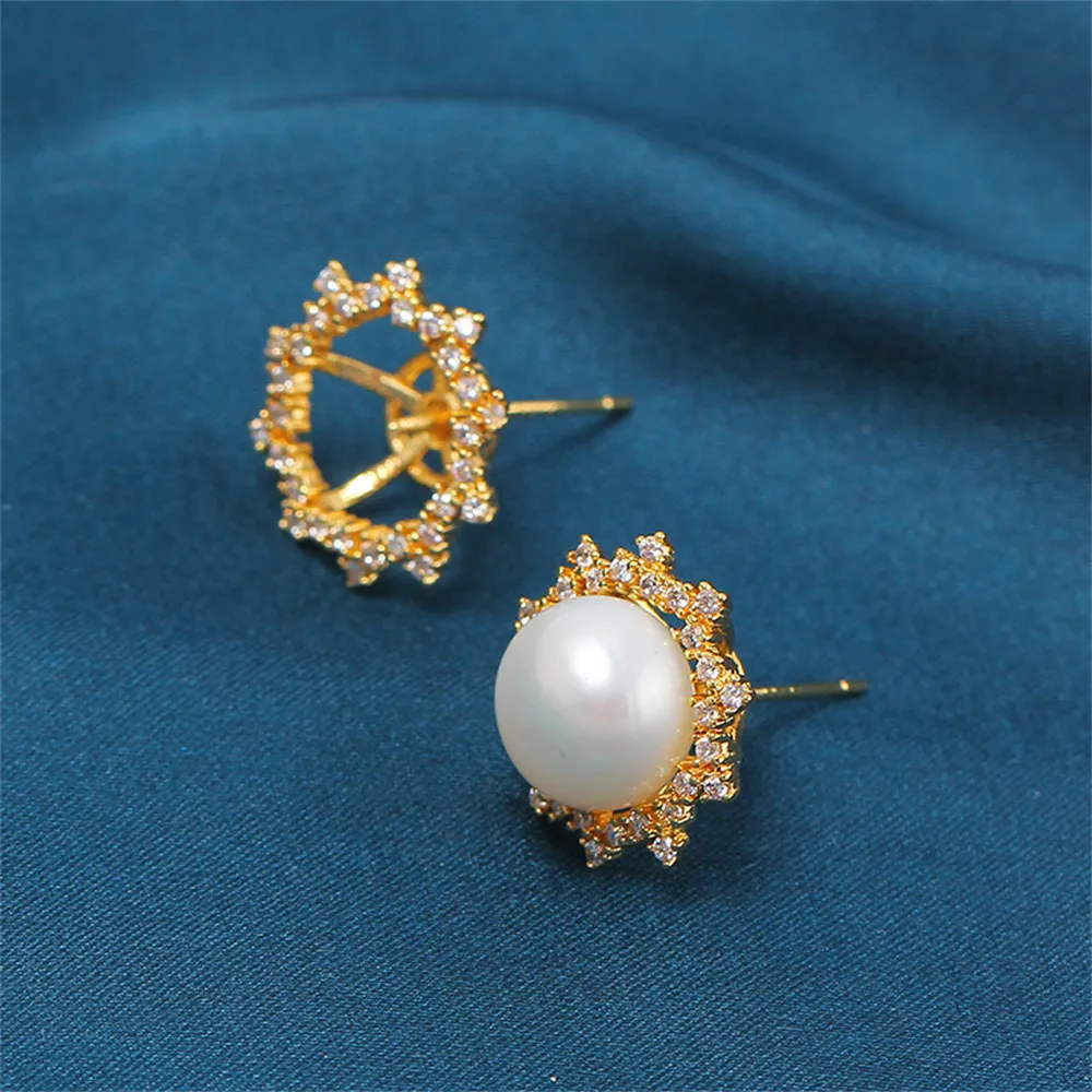 

DIY Pearl Jewelry Accessories Copper-plated 18K Gold Zircon Sunflower S925 Silver Needle Earrings Empty Support Female