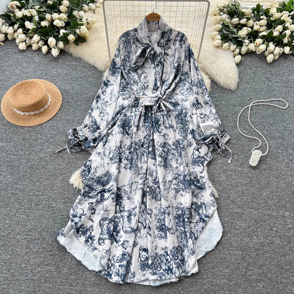 Chic vintage satin long sleeve asymmetrical Elegant Fairy korean fashion Boho Sundress women clothing Long dress