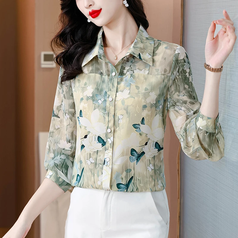 

2025 Spring Printed Women's Shirt Long Sleeve Blouse New Fashionable Shirt Versatile and Slimming Ladies Tops OL Female Clothing