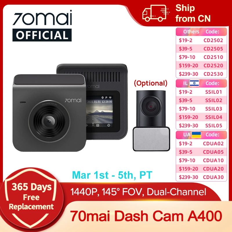 70mai Dash Cam A400 Car DVR 145° FOV 1440P Resolution 70mai A400 Car Recorder Support Rear Cam 24H Parking Monitor