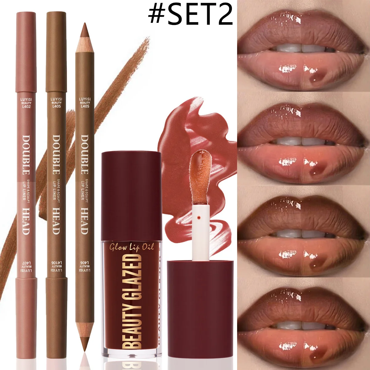 3pcs/Set Lip Makeup Set,2pcs Matte Dual-Color Lip Liner+1pc Moisturizing Lip Gloss,Texture&Soft Lip Kit,Moisture And Waterproof.