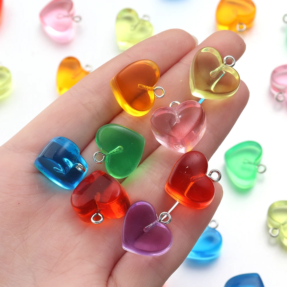 10pcs/lot 17X17mm Heart Resin Pendant Charm Colorful Transparent Heart Pendants For Jewelry Making Diy Bracelet Accessories