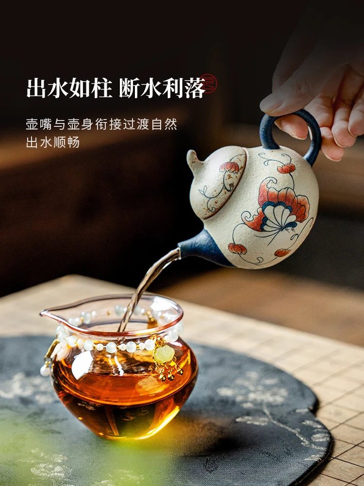 Blue and White Fire Stone Red Ceramic Teapot Creative Pure Hand Drawing High-End Filter Tea Maker Kung Fu Set