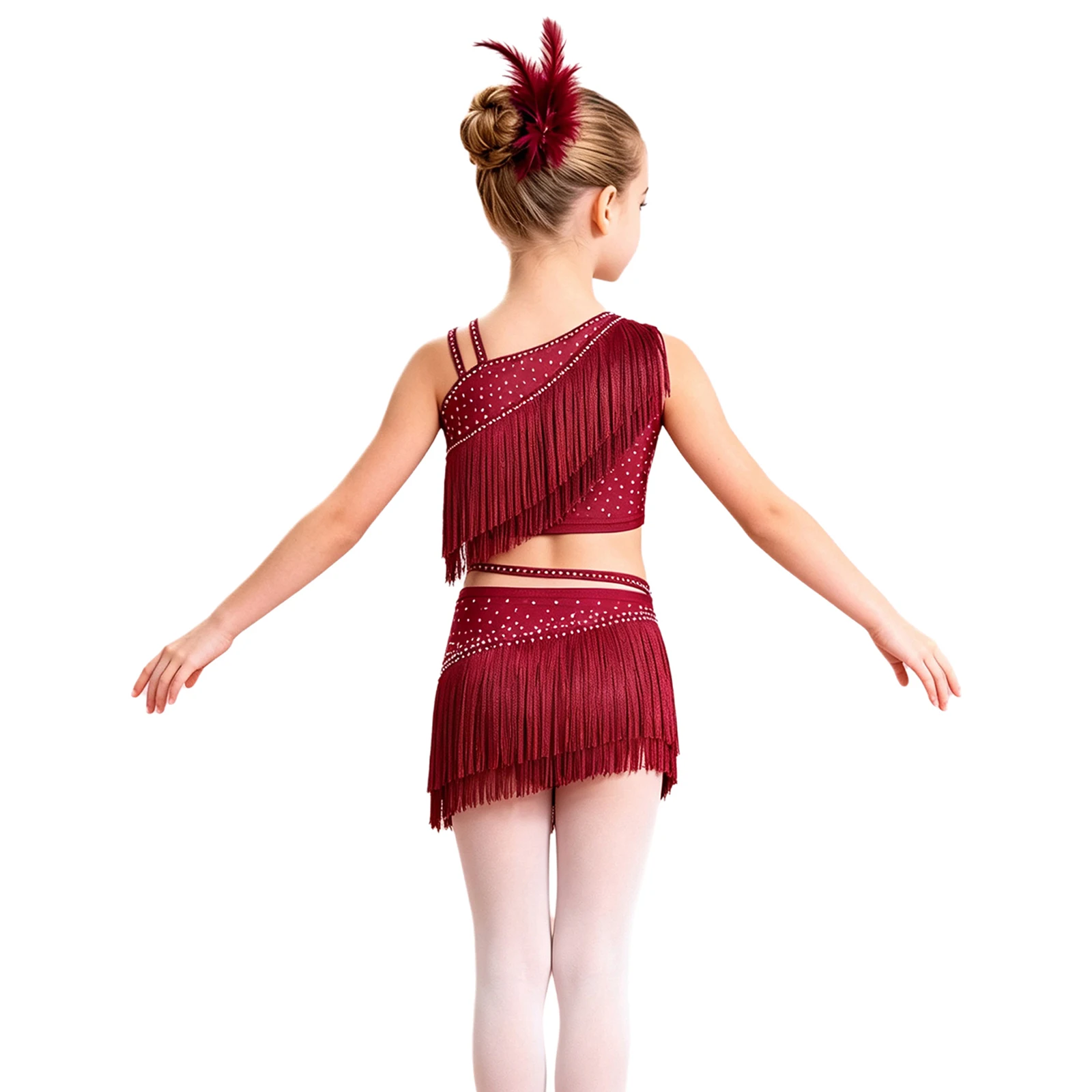 Kids Girls Rhinestone Tassel Latin Dance Outfit One Shoulder Crop Top with Built-in Briefs Skirt for Ballroom Modern Performance