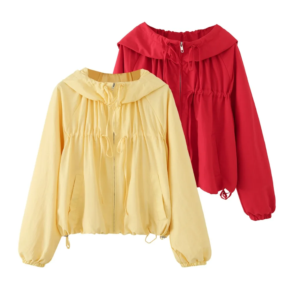 Spring & Autumn Casual Women Hooded Jackets with Ties and Elastic Drawstring Hem Fashion Nylion Zipper Jackets with Side Pockets
