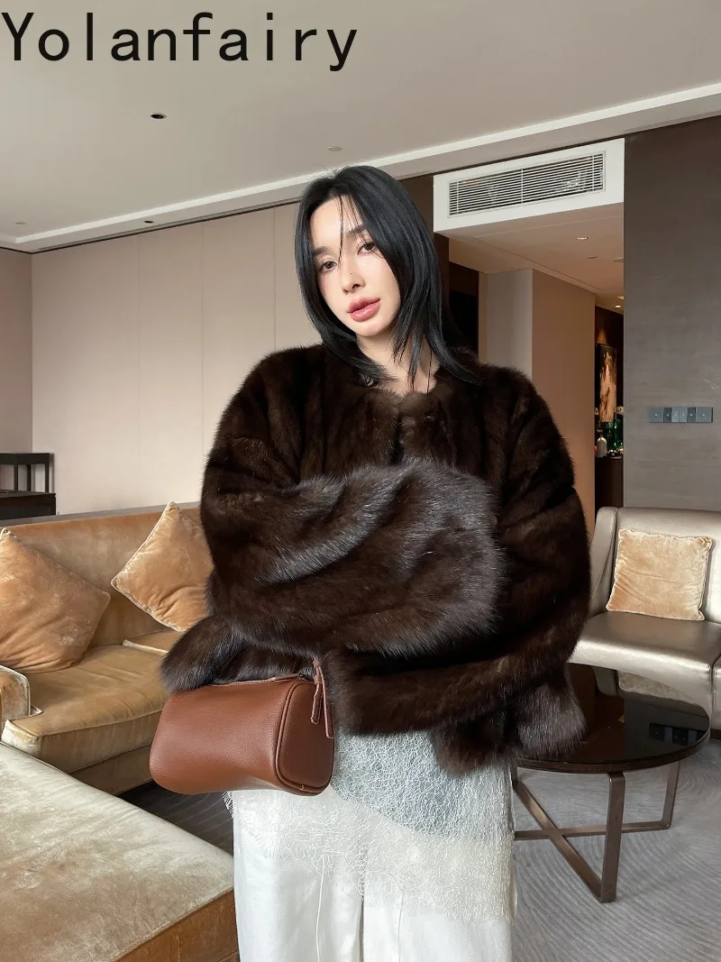 YOLANFAIRY High-end 100% Real Fur Coat Woman Winter O-Neck Natural Farm Tone Sable Fur Coats Jacket Soft Luxury Outerwear 55cm