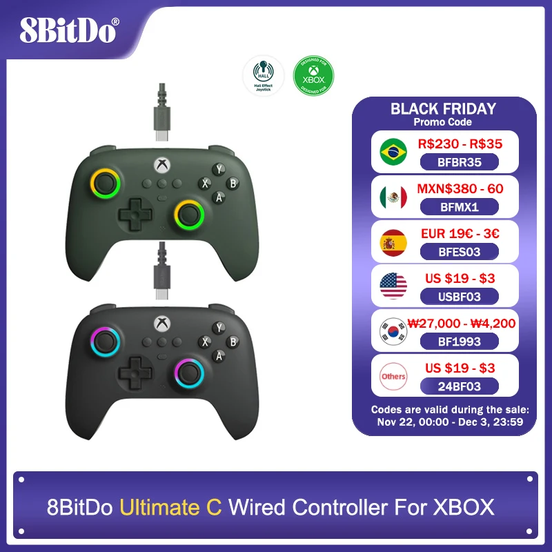 8BitDo Ultimate C Wired Controller For Xbox Series S, X, Xbox One RGB Lighting Fire Ring Hall Effect Joysticks For Windows 10/11