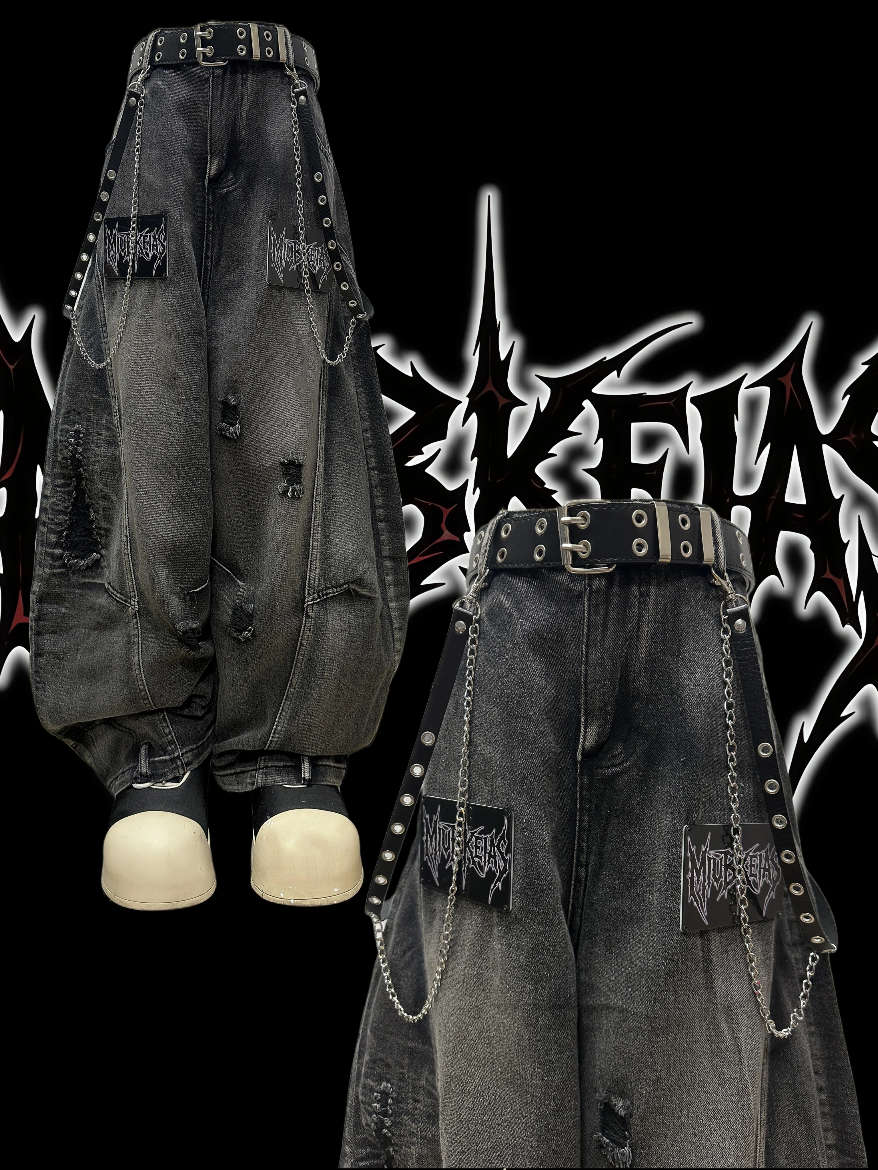 American Avant-Garde Ripped Letter-Printing Loose Jeans Men and Women Street Machete Wide Leg Pants Summer Autumn