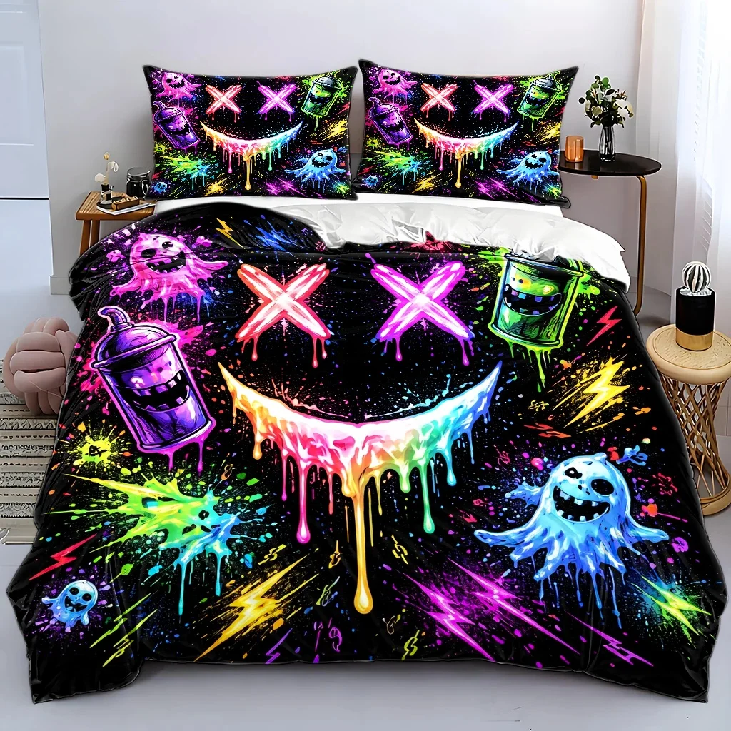 3Pc Street Graffiti Style Quirky Ghost Duvet Cover Set, Three-Piece Bedding Set (1*Duvet Cover + 2*Pillowcases), Suitable for All Seasons, Machine Washable, Includes Invisible Zipper Large Personal Bed Cover, Suitable for Home, Dorm, Master Bedroom, Guest Room, Trendy Anime Splash Ink Colorful Design, Personalized Creative Bedroom Bedding Set, Cross-Border Hot-Selling Fun Trendy Bedding Set