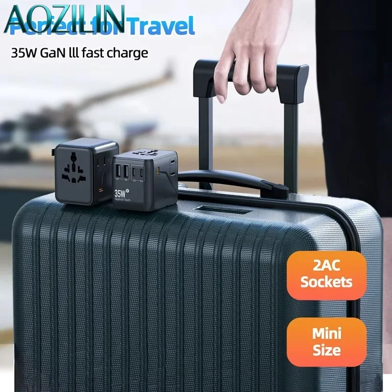 AOZILIN Universal Travel Adapter 2500W with 2 AC Socket 35W PD Type-C Fast Charger Multi Plug Global Travel Power Adaptor