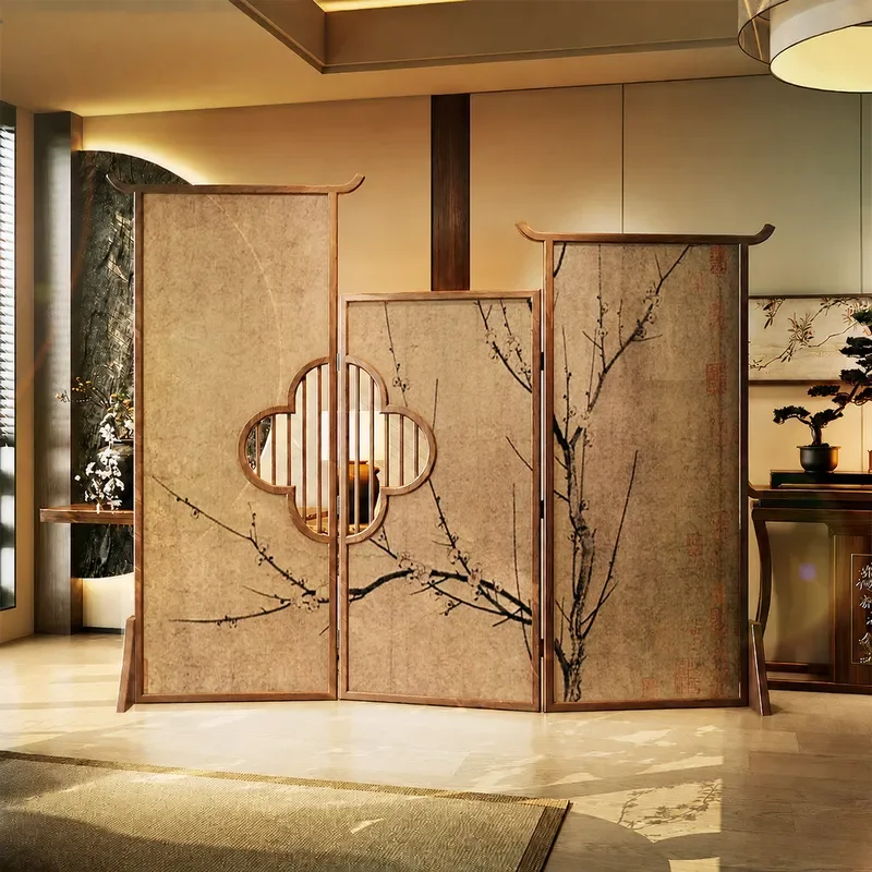 for New Chinese Style Folding Screen Living Room Background Decoration Suzhou Embroidery Solid Wood Partition Zen Bamboo