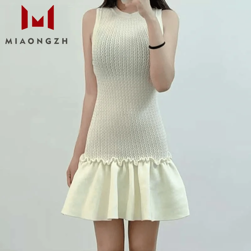 

2025 Summer New Spliced Ruffle Knitted Party Dresses For Women O Neck Sleeveless Temperament Slimming Female Fashion Tank Dress