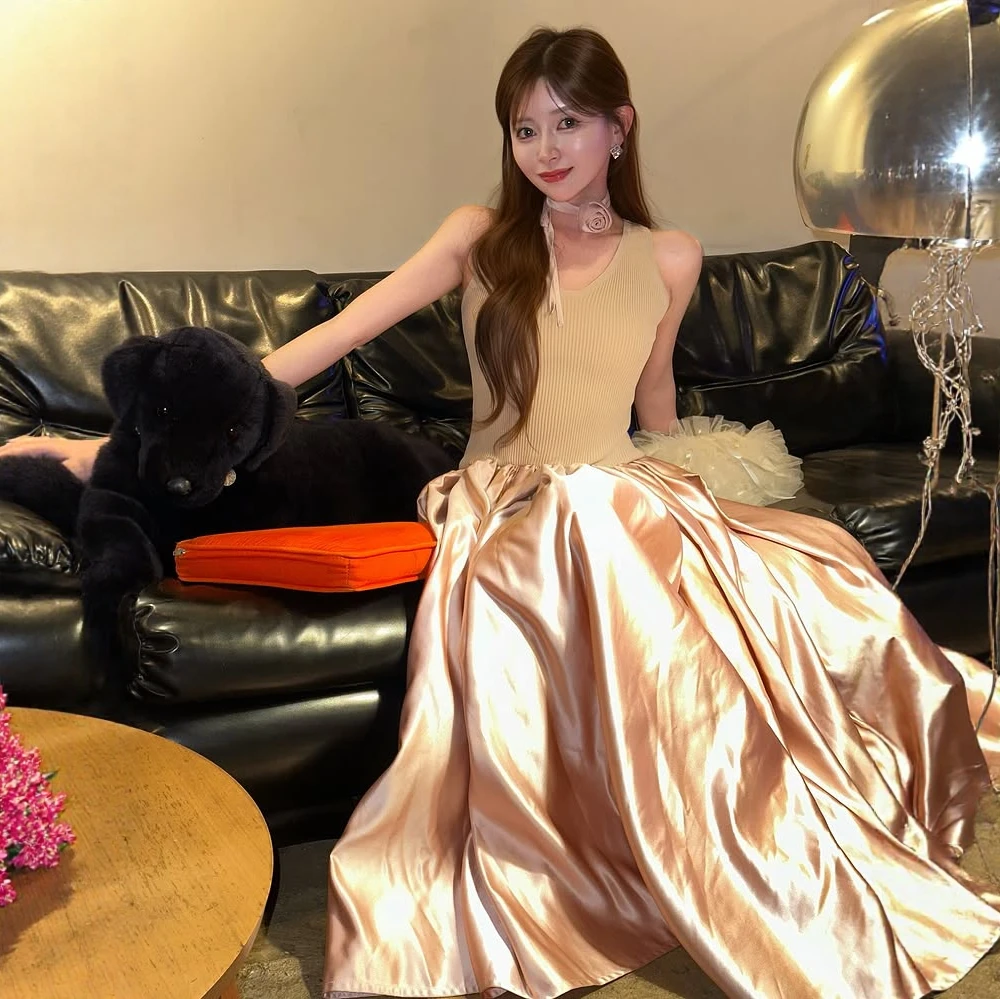 Japanse nieuwe zoete mode gebreide patchwork satijnen lange jurk lente herfst nieuwe dames slanke elegante prinsessenjurk Franse jurk