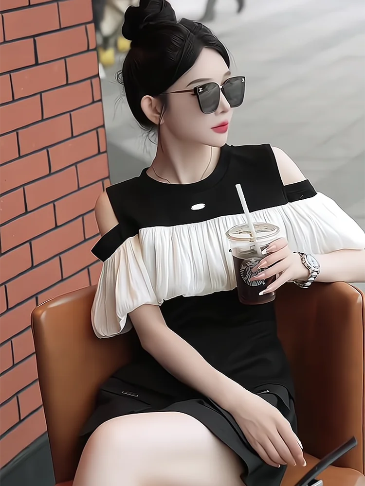 

Black round Neck Ruffle Shoulder Short Sleeve T-Shirt Women's Summer Waist Cinched Slimming Trendy Top Korean Style Commute