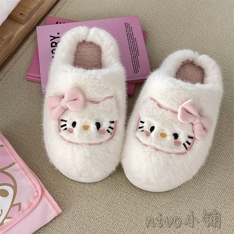 Ins Cute Hello Kitty Hair Slippers High Beauty Winter Cotton Slippers Warm Thick Bottom Home Shoes for Women