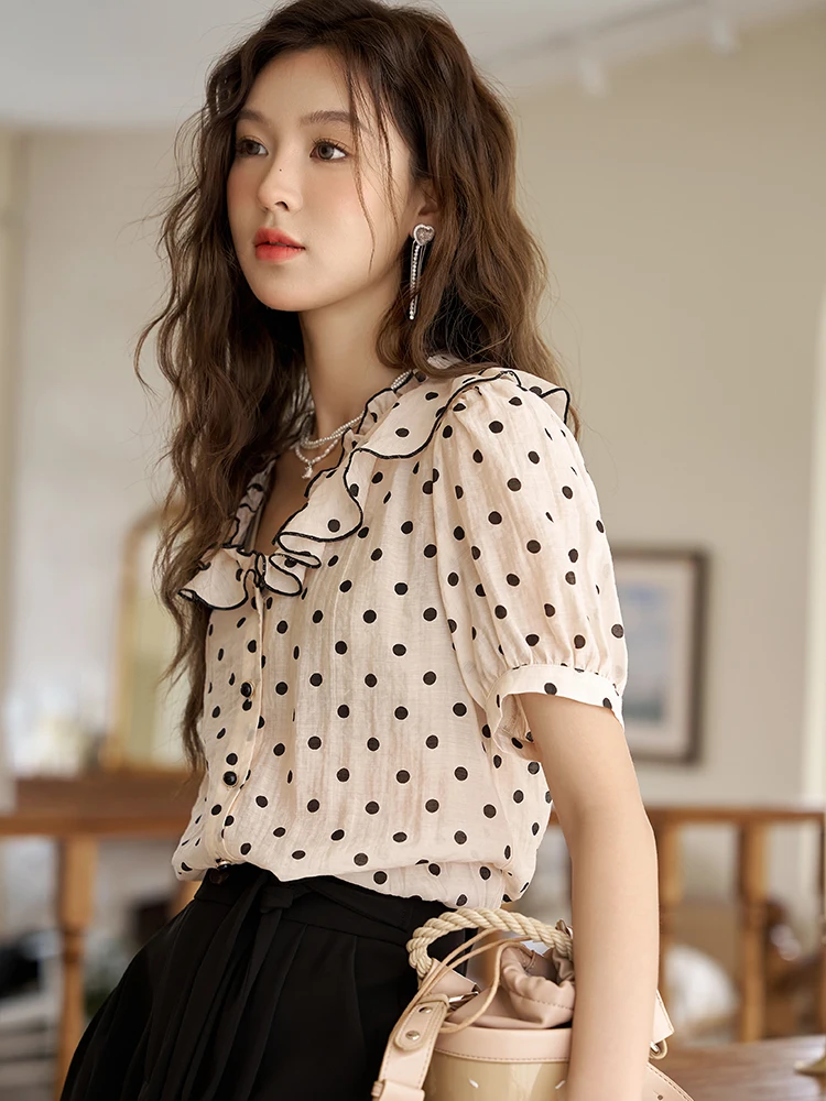 MISHOW Women\'s French Polka Dot Blouse Summer Korean V Neck Ruffles Puff Sleeve loose Single Breasted Female Top MXC34C0021