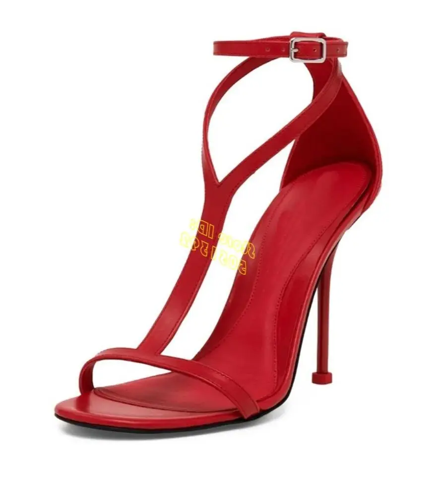 Red Leather T Strap Sandals Stiletto Thin High Heel Fashion 2024 Ankle Buckle Strap Open Toe Solid Cover Heel Runway Shoes