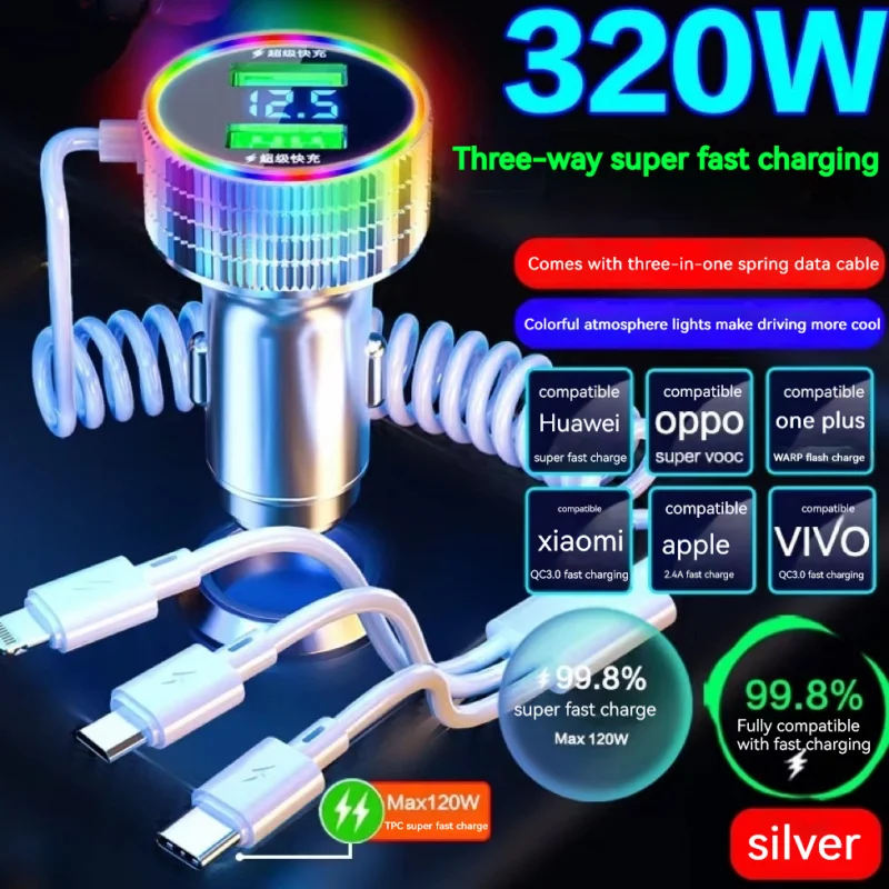 

Pd66W Car Mobile Phone Charger Pd66W120W Fast Charge Qc3.0 Super Fast Charge One Tow Three Car Charger Cigarette Lighter Metal