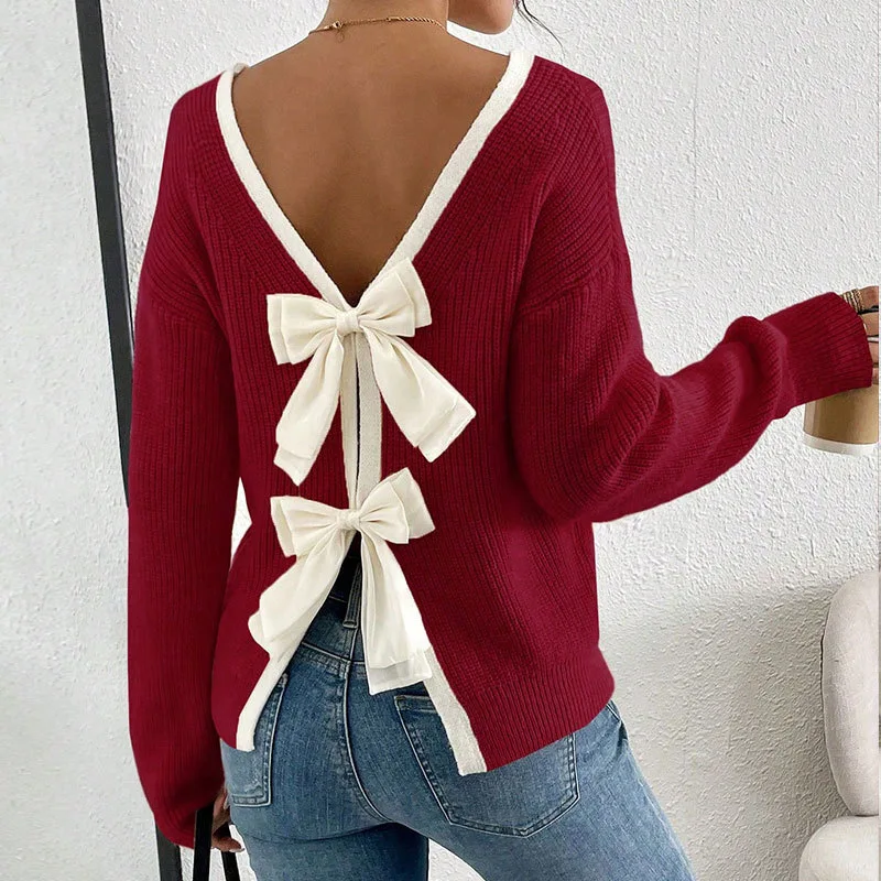 

Women's V Neck Back Double Bow Knit Sweater Long Sleeve Casual Split Back Pullover Top Fall Fashion