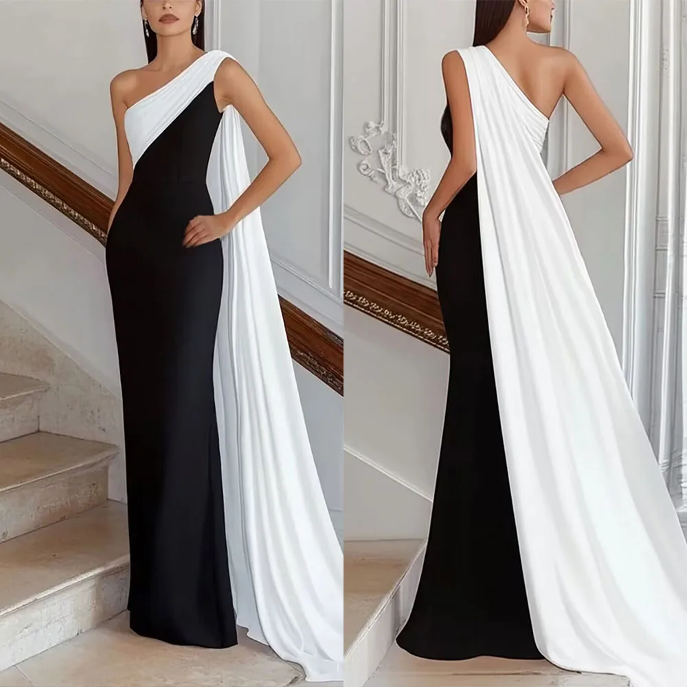 Maßgeschneidertes Einschultriges Bodenlange Abendkleid mit Farbkontrast Hochwertige Luxus-Hochzeitskleider Gäste Abiti Da Sera فساتين