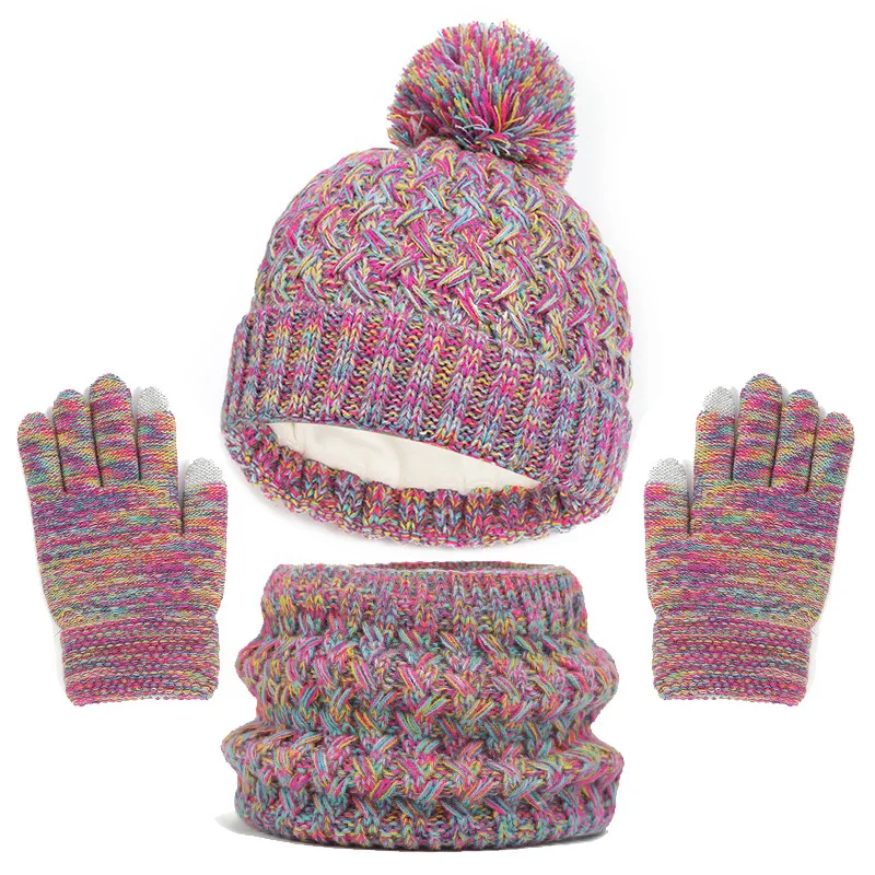 Winter Thickened Fleece Kids Hat Scarf Glove Three Piece Set Single Ball Warm Baby Outdoor Accessories