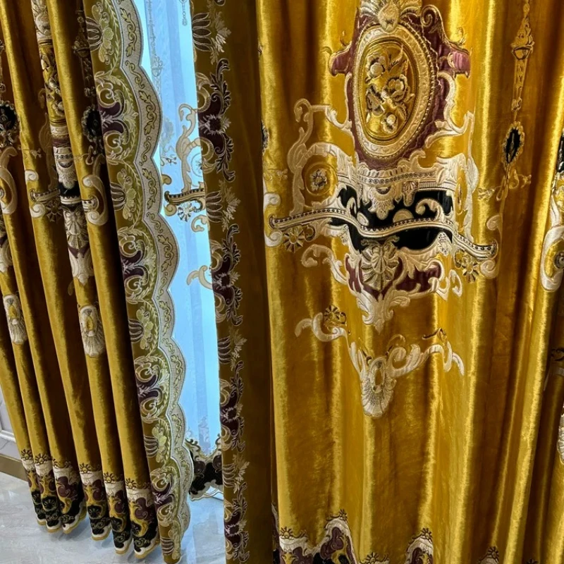 European Embroidery Retro Gold Valance Luxury Curtains for Living Room Bedroom Villa Blackout Palace Tulle Elegant Window Decor