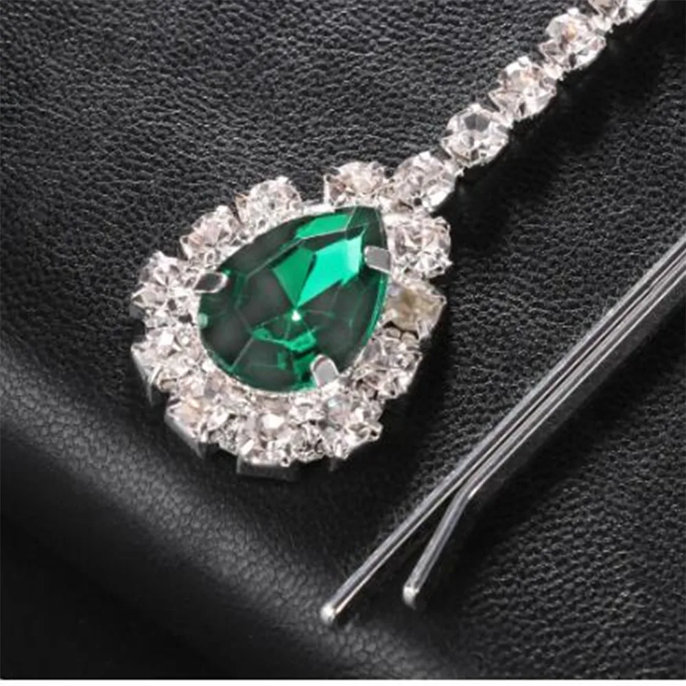 Indian Rhinestone Retro Green Water Drip Pendant Hair Clips Headwear Wedding Jewelry for Women Crystal Tassel Hairpins Barrette