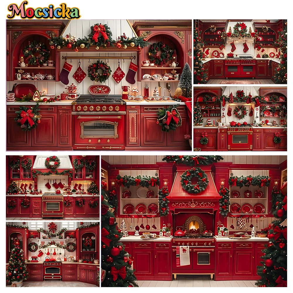 

Mocsicka Winter Christmas Photography Background Red Kitchen Xmas Wreath Party Kids Family Portrait Photo Backdrops Studio