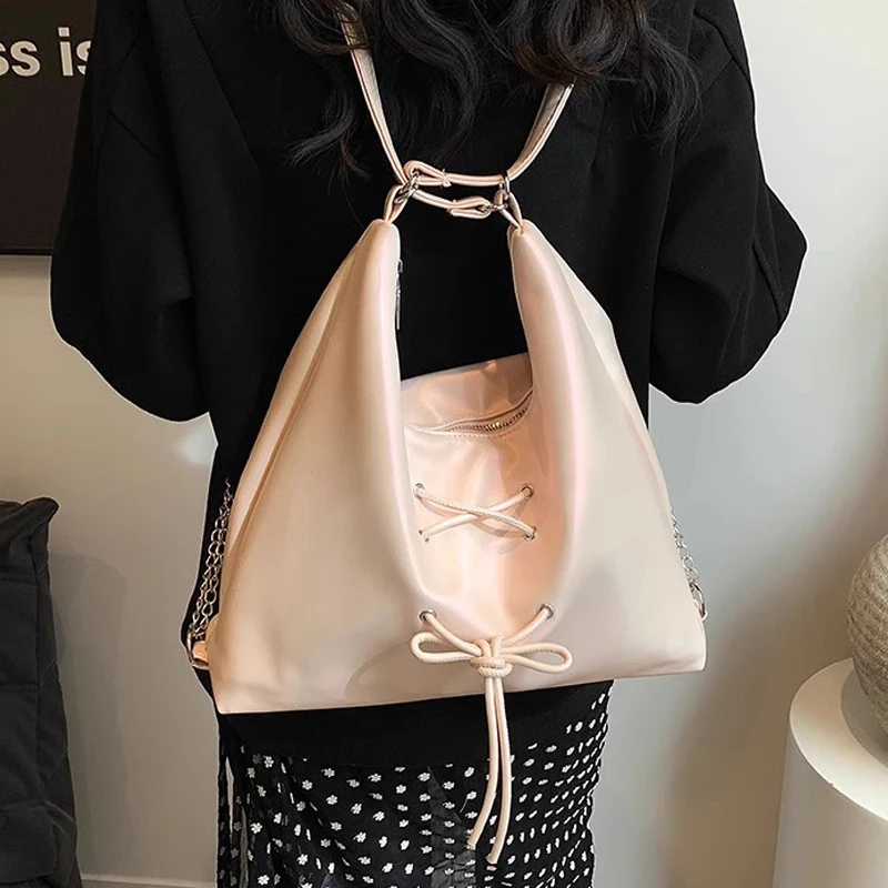 

Large Capacity Double Shoulder Crossbody Bag 2024 New Fashion Bowknot Designer Tote Bag Soft Leather Casual Classroom Backpack