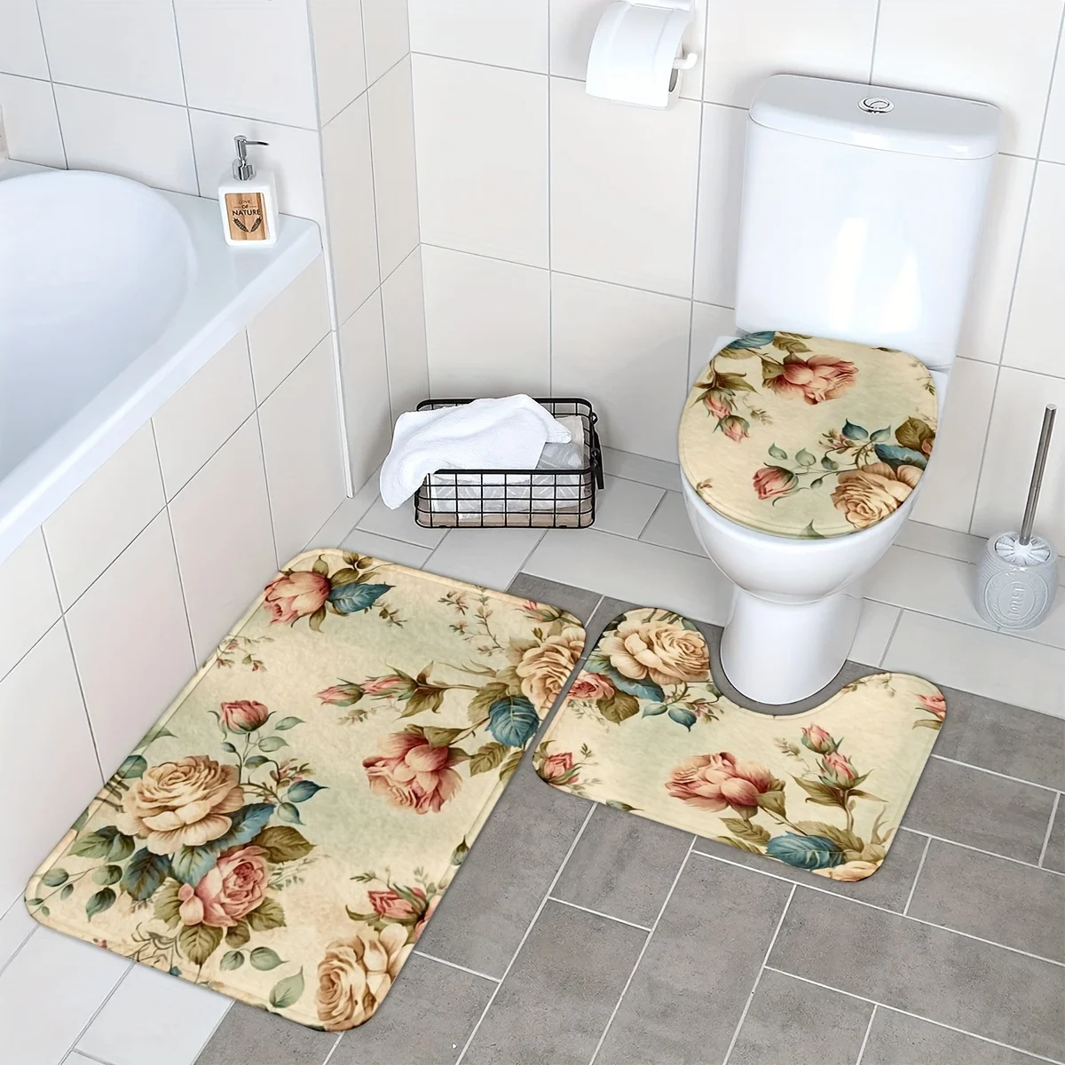 

Set of 3 floral soft knitted polyester bathroom rugs, including U-shaped toilet mat, toilet seat cover and rectangular rug