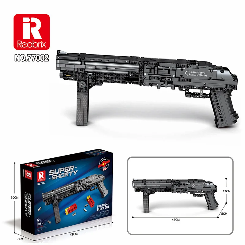 

Reobrix 77002 Супер короткие блоки, модель пистолета, военная серия оружия, игрушки «сделай сам», строительные блоки для мальчиков, Рождественский подарок, 882 шт.