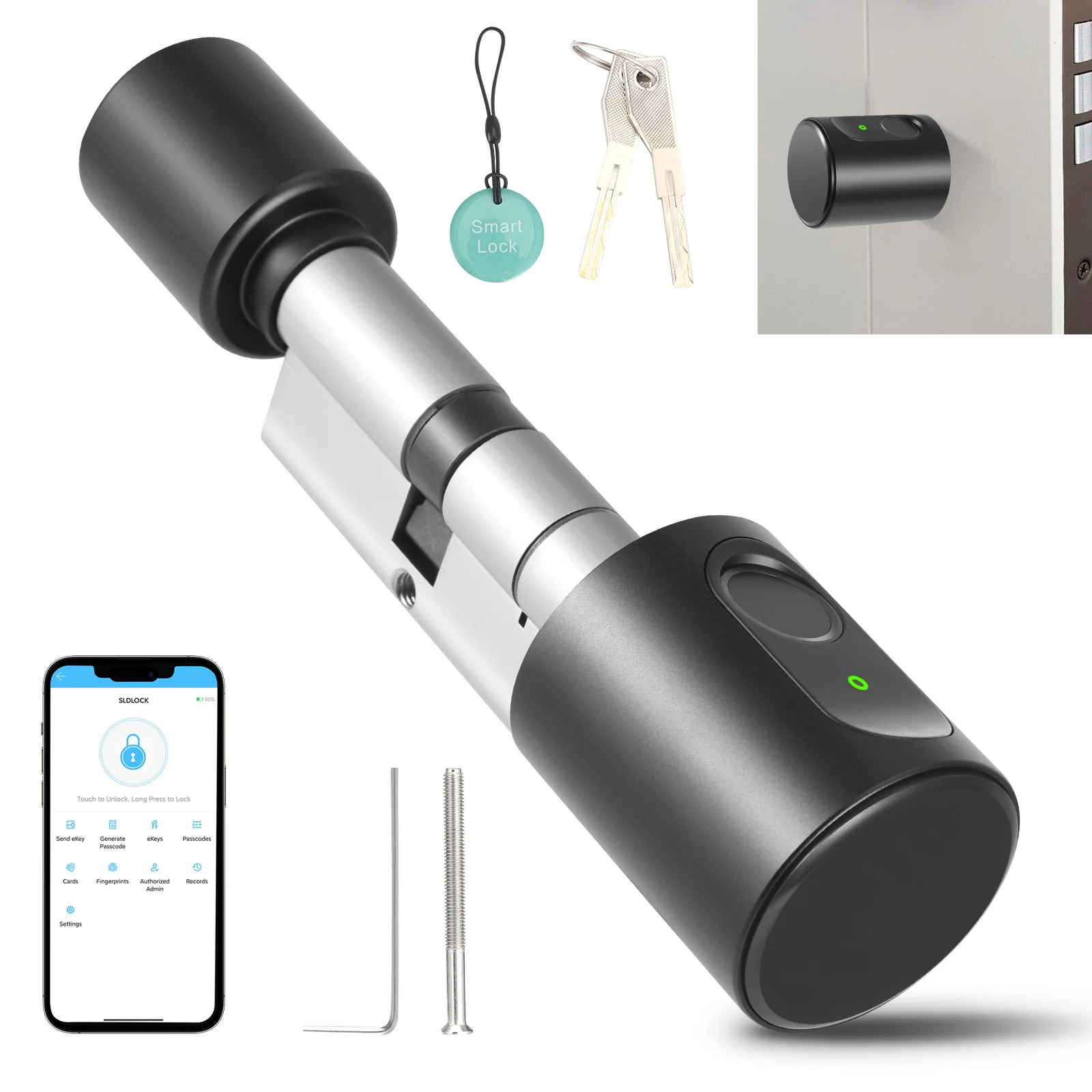 Slimme elektronische deurslotcilinder 60 mm met vingerafdruk, 2 sleutels, IC-kaart, Life/Tuya app-bediening, Bluetooth, cilinderslot