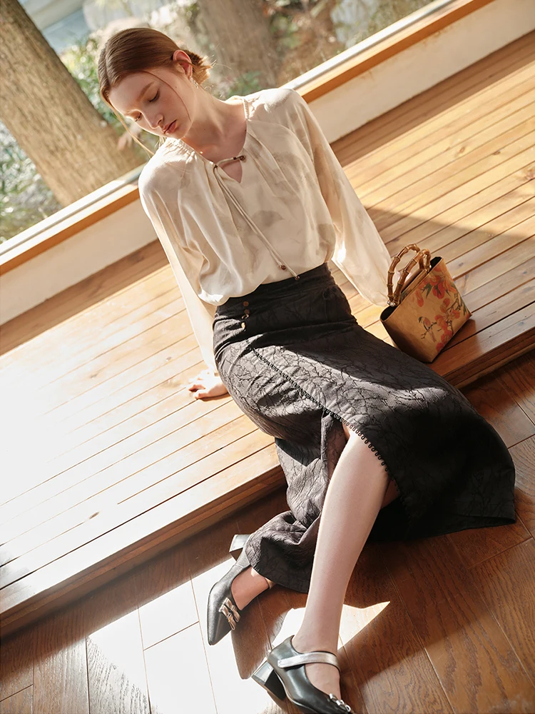 FSLE New Chinese Style Three-dimensional Jacquard Black Texture Skirts Asymmetrical High Waist Long Skirt 24FS11334