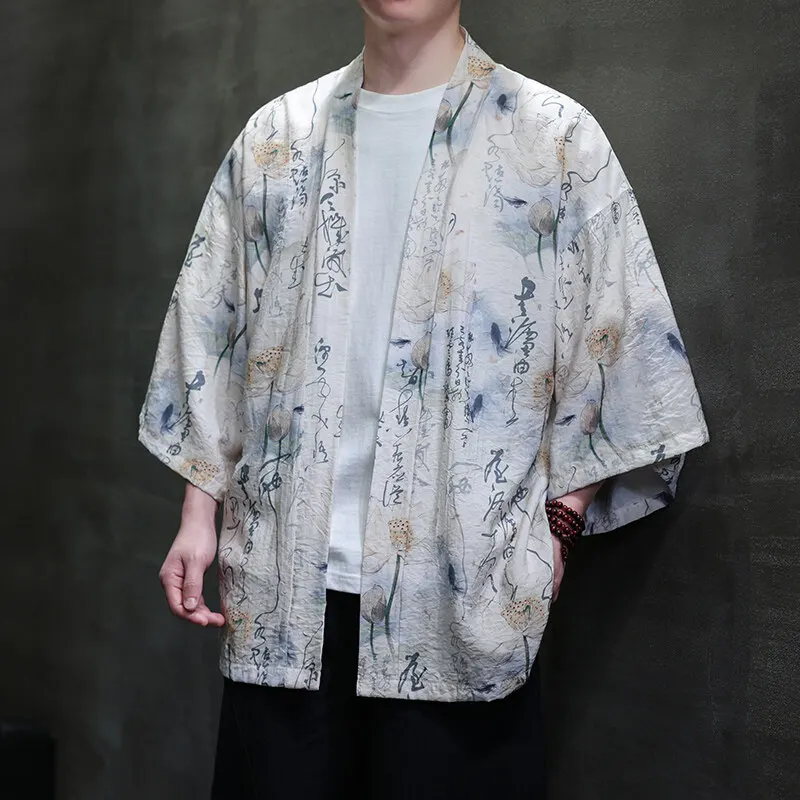 Chinese Style Print Yukata Shirt Men Women Fashion Thin Ice Silk Cardigan Blouse Men Harajuku Japanese Kimono Male Open Stitch