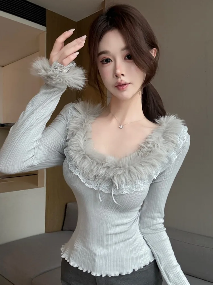 

Retro Girl Pure Desire Lace Trim Plaid Design Sensual Slim Long Sleeve Base Shirt City Walk Skin Friendly Breathable T-shirt