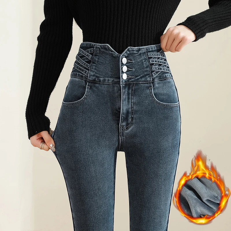 

Winter Fleece Women's Jeans Warm Cross Strap High Waisted Skinny Pants Fashion Korean Black Blue Stretch Denim Trousers Leggings