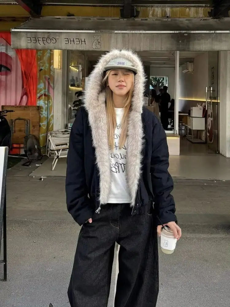 

Y2k Streetwear American Vintage Long Sleeve Short Parkas Women Casual Pure Color Coat Zipper Faux Fur Collar 2025 Autumn