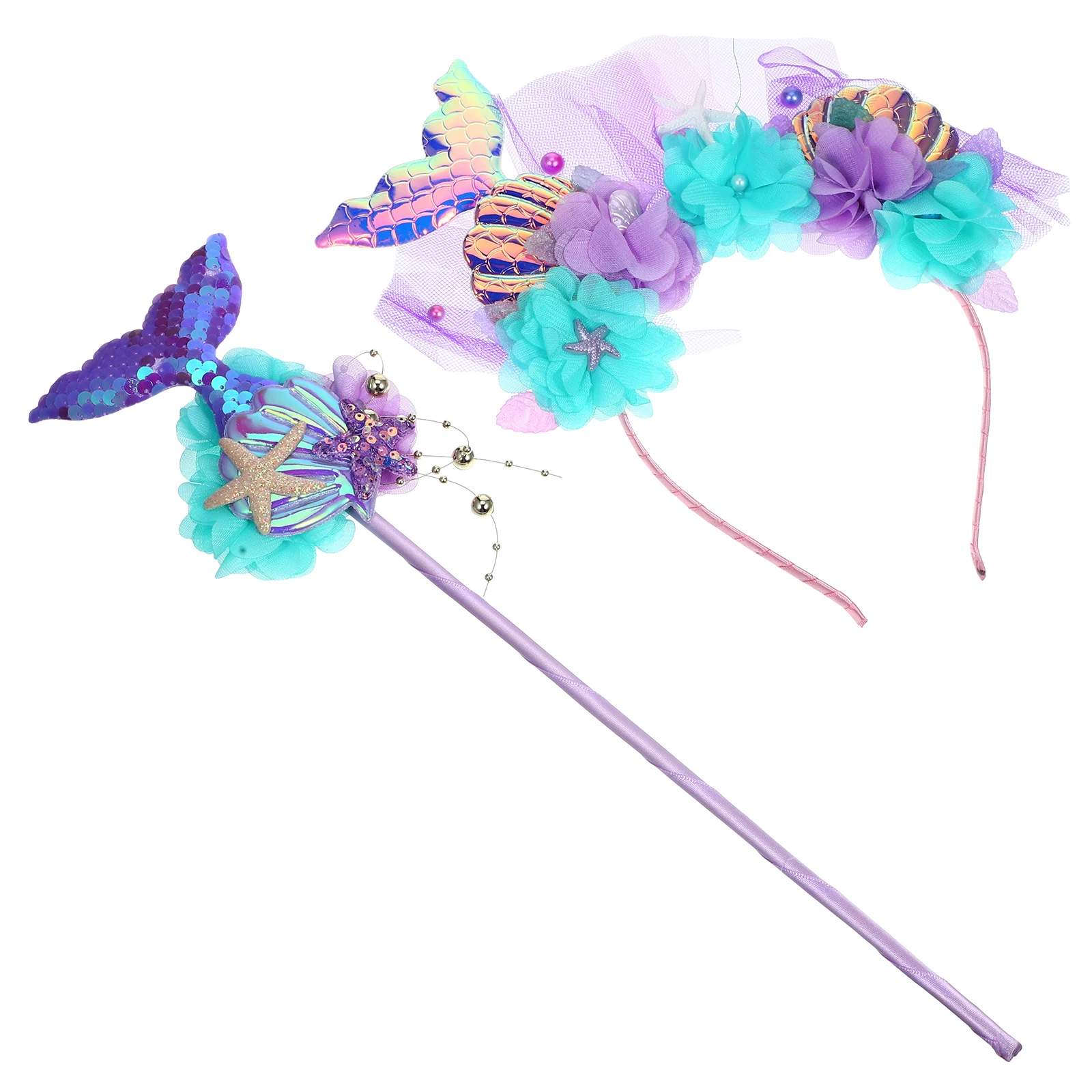 1 ชุดไม้กายสิทธิ์นางเงือกและที่คาดผม ทำด้วยมือ ทนทาน อุปกรณ์เสริมสำหรับงานปาร์ตี้ชุดนางเงือกสำหรับเด็กผู้หญิง เทศกาลคอสเพลย์ ที่คาดผมงานคาร์นิวัล