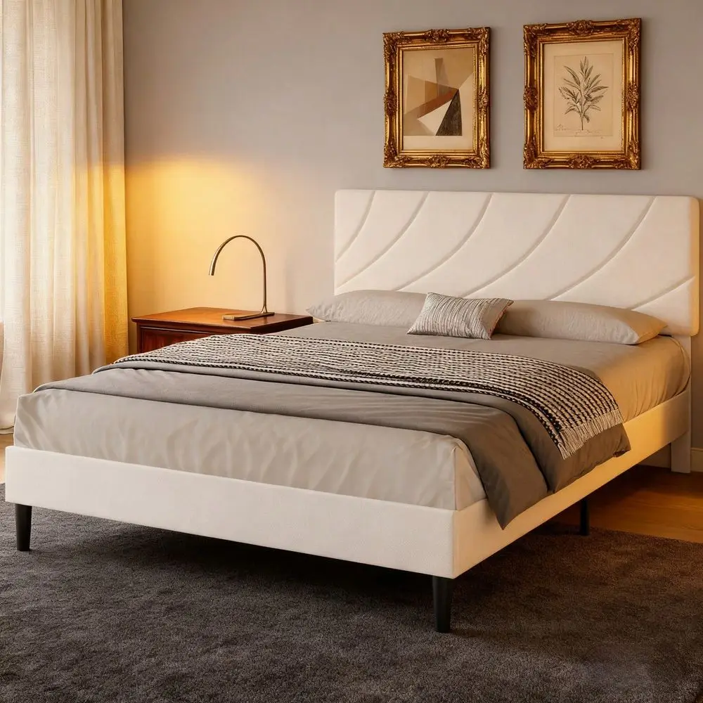 Upholstered Bed Frame With Headboard, Modern Linen Fabric Platform Bed, Adjustable Headboard, No Box Spring Needed, Easy Assemb