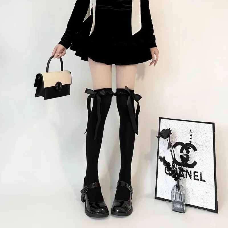 Women's Delicate Bow Velvet Thigh High Stockings Spring Summer Soft Lolita Lace-trimmed Bow Ribbon Jk Thin Over-the-knee Socks