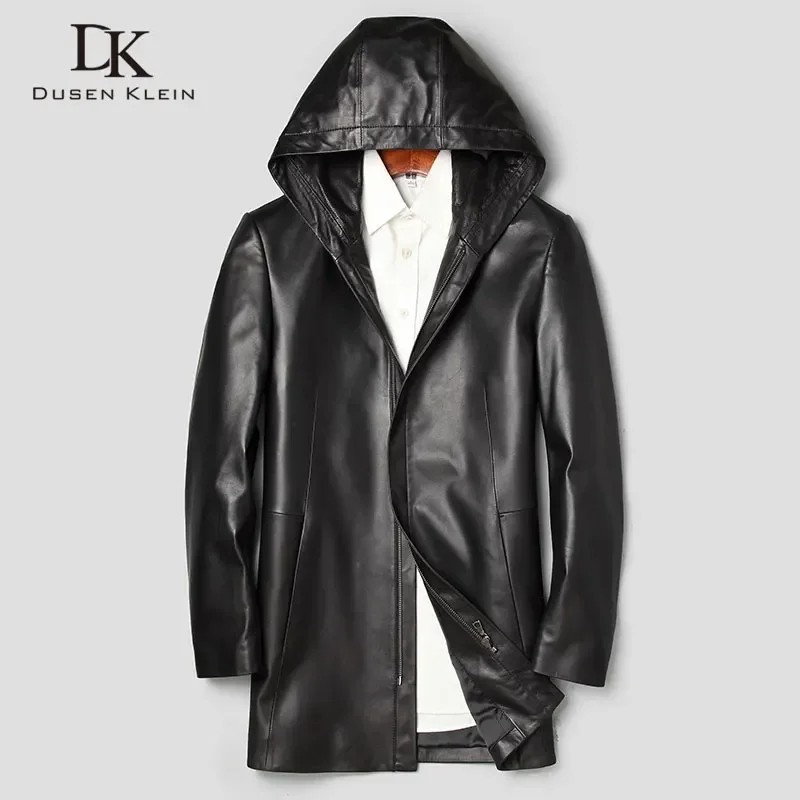 Men Genuine Leather Jacket Real Sheepskin Leather Jackets 2019 Spring New Casual Hoodied Jacket Mid-Long Brand 71J7866