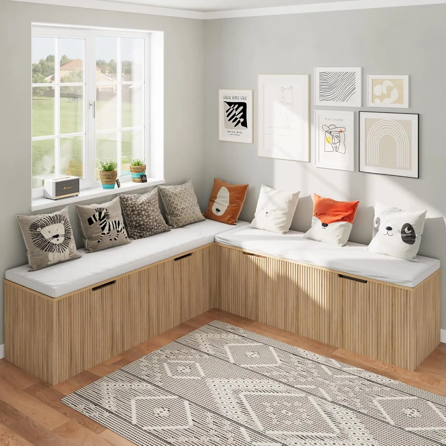 مقعد تخزين على شكل حرف L مع وسادة، مقعد طعام زاوية بدون ظهر، مقعد زاوية لتناول الطعام في المطبخ مع مساحة تخزين مخفية (خشب طبيعي) #2