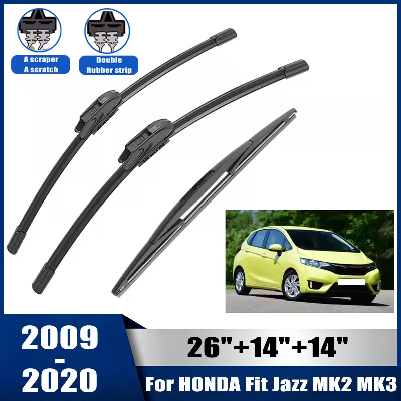 26''+14''+14'' Car Wiper For HONDA Fit Jazz MK2 MK3 2009-2020 Front Rear Wiper Blades Brushes Auto Accessories