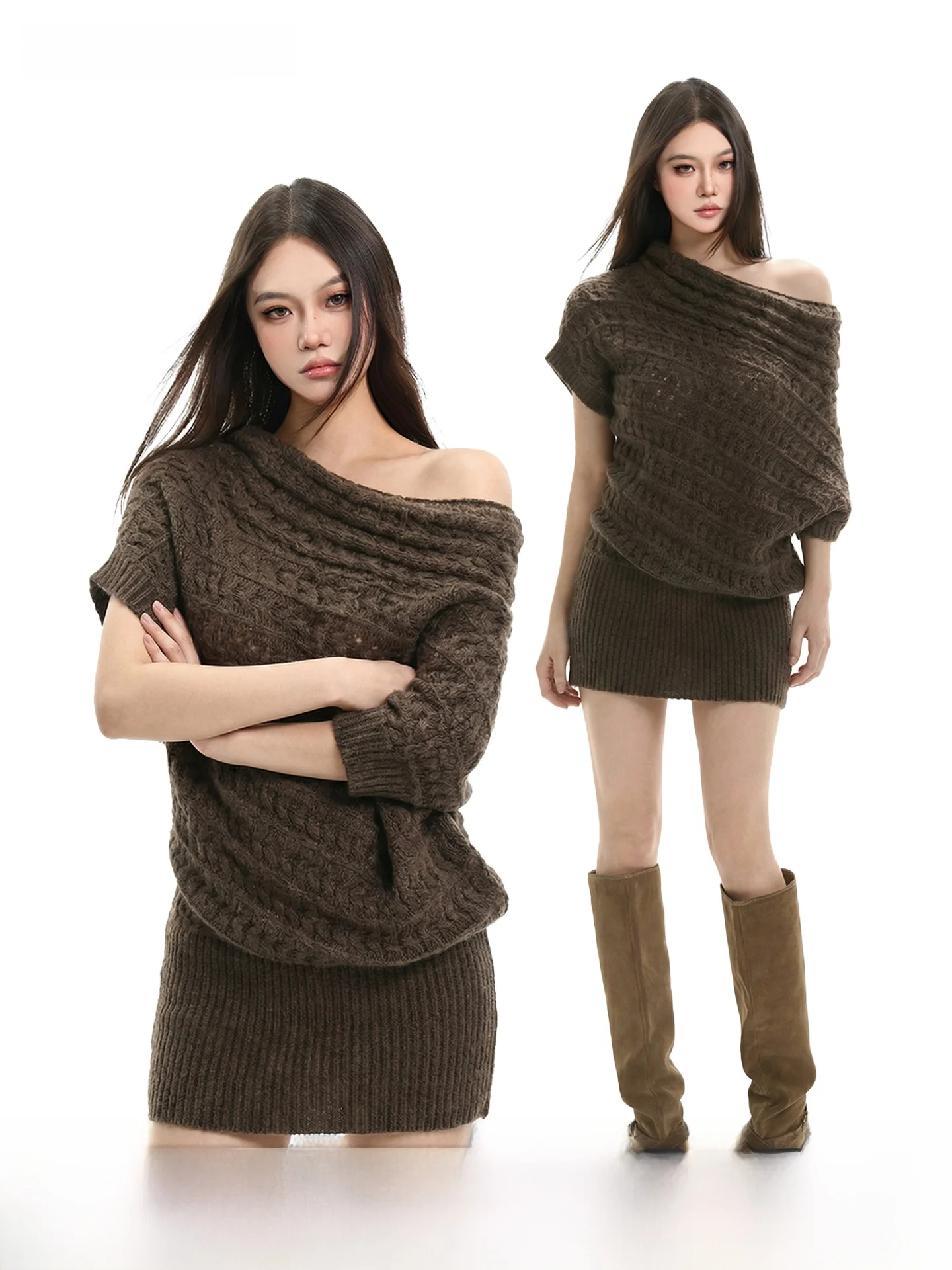 

CCUP SPACE Low Waist Asymmetrical oulder Open Knitted Dr Women Spring Season oulder Exposure Knitted Dr Ele S...