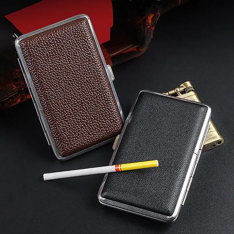 Leather Cigarettes Case Man Women Cigarette Box For Hold 14/20 Cigarettes Metal Leather Accessories Slim Cigars Box